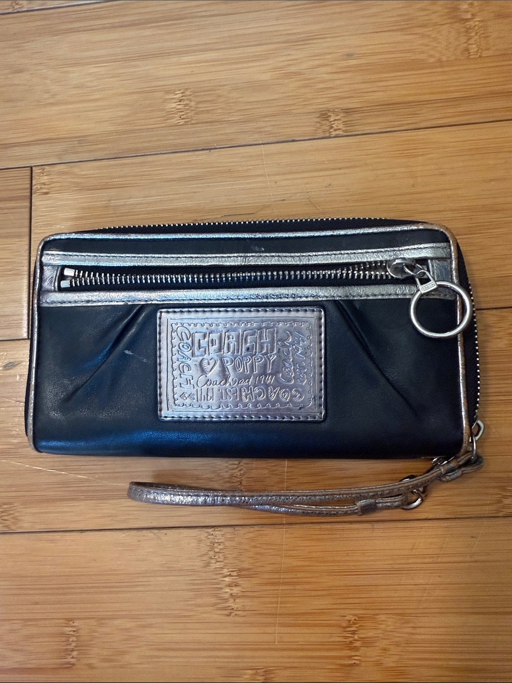 Coach Black Leather Wristlet with Metallic Silver Accents